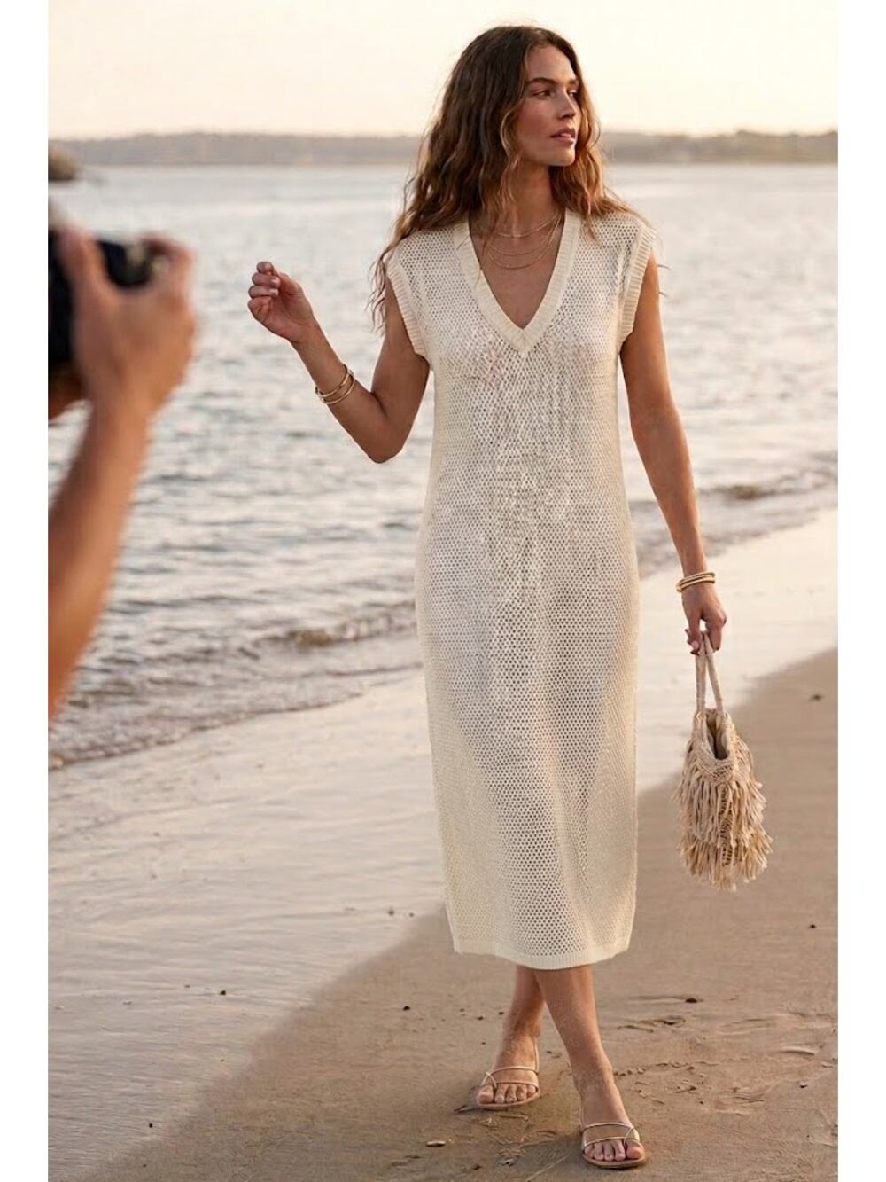 Brodie Cashmere Pointelle Knit Maxi Dress Organic White Cover Up Medium ✨ NWT